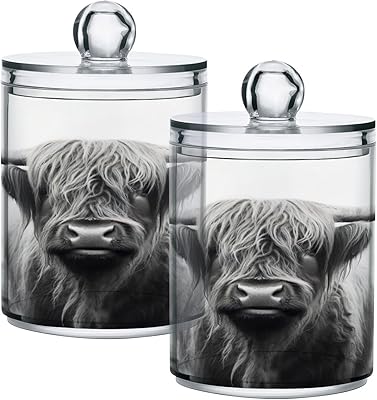 Kigai Highland Cow Qtip Holder Dispenser for Cotton Ball, Cotton Swab,Plastic Clear Apothecary Jar, Home Décor Kitchen Storage Jar,2 Pack