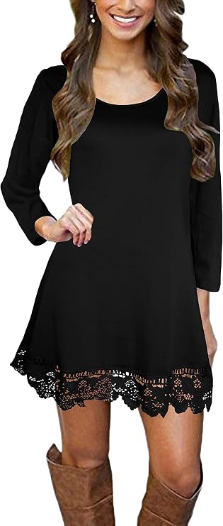 Afibi Womens Long Sleeve A Line Lace Stitching Trim Casual Dress