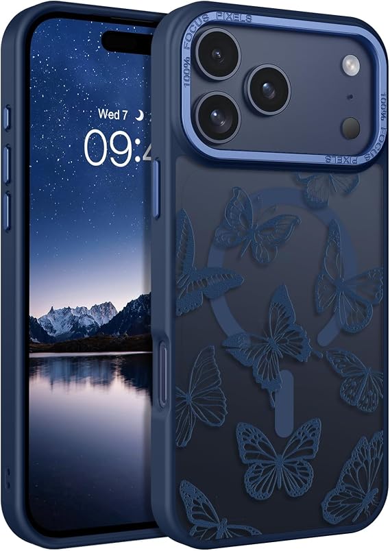 BENTOBEN for iPhone 17 Pro Case, Cute Butterfly Pattern Magnetic 17 Pro Phone Case [Compatible with MagSafe] Translucent Matte Shockproof Women Girl Protective Cover for iPhone 17Pro 6.3", Deep Blue