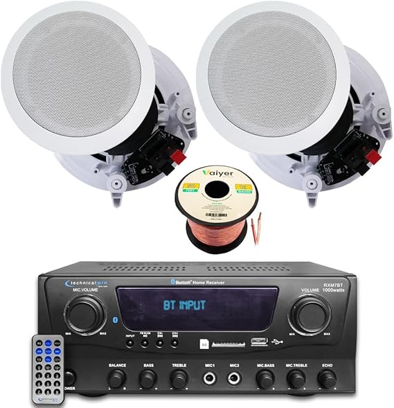 Technical Pro Home Theater Sound System Kit, 1000 Watts Bluetooth Amplifier | w/ 2 Qty of 8" Framed Ceiling Speakers 300 W Each, 50 ft Speaker Wire & Remote Perfect for Home, Office, Restaurant, Bar