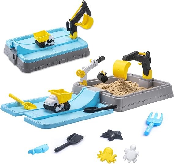 Kids Excavator Sandbox with Cover, Construction Sandbox Set with Beach Toys & Dump Truck, Outdoor Educational Play Set for Toddlers Ages 3-12
