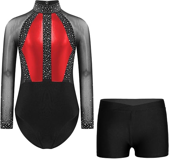 Loyan Gymnastics Leotards for Girls Dance Unitards with Shorts Long Sleeve Tumbling Outfits Sparkly Bodysuit