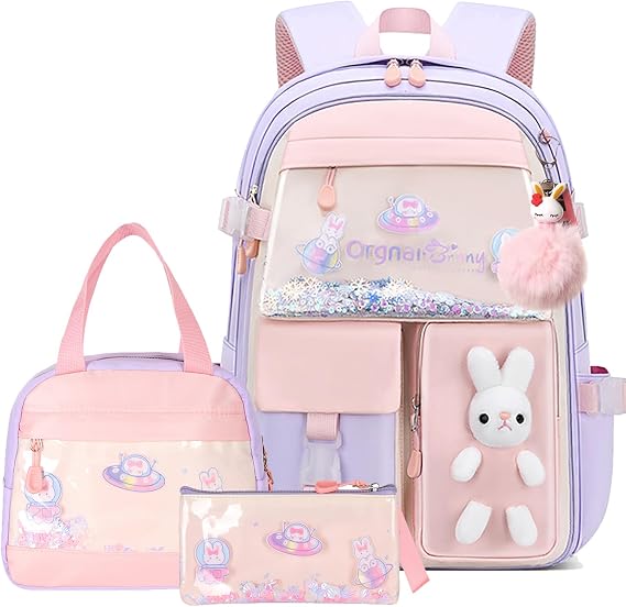 Girls Backpack With Lunch Box,Cute Kawaii Schoolbag Bunny Bookbag | 3-Piece Backpack Set: Schoolbag, Lunch Tote And Pencil Case. Cute Bunny Sequin Design, Padded Shoulder Straps, Multi Pockets