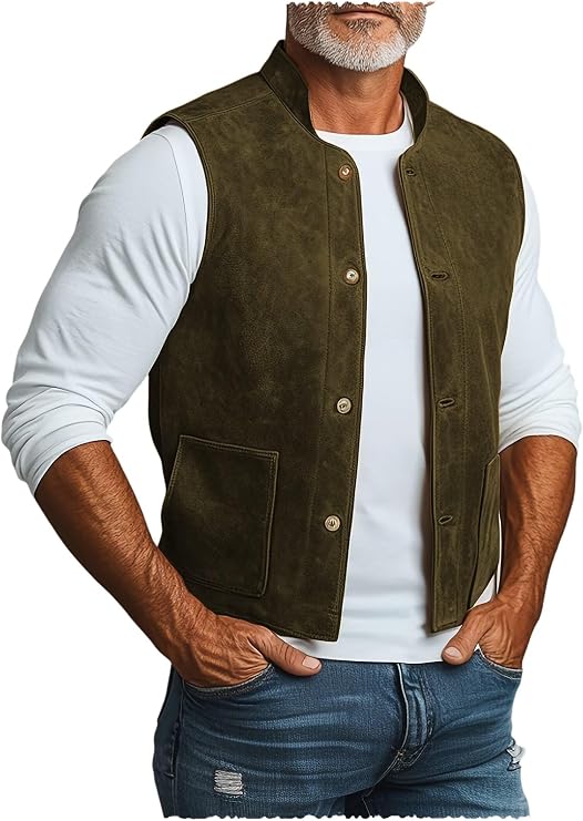 Men's Vintage Suede Leather Vest Stand Collar Button Down Waistcoat with Pockets for Casual Western Biker Outfits