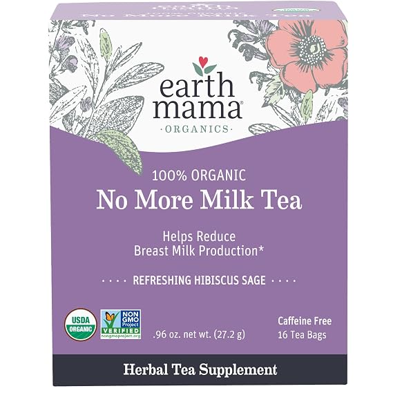 Earth Mama Organic No More Milk Tea | Decaf Herbal Tea Bags to Reduce Breast Milk Production, Stop Breastfeeding, Wean Lactation Naturally, Postpartum Essentials, Hibiscus & Sage (16-Count)