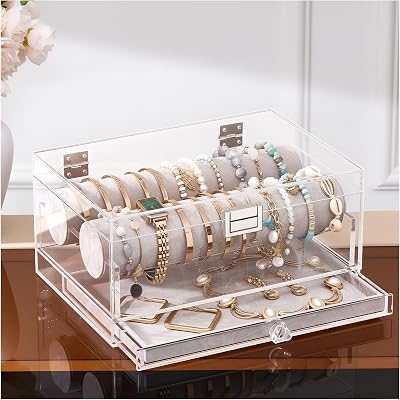 Lolalet Acrylic Bracelet Organizer Box, Clear Jewelry Display Holder for Bangles Watches, Jewellery Accessories Storage Case for Women -with Drawer