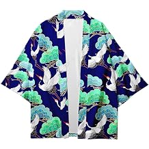 AMOMA Men Japanese Kimono Lightweight Loose Breathable Casual Cardigan Coat Top Yukata Jacket(XXS,CraneBlueGreen)