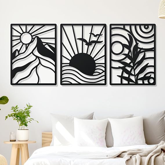 Zzbakress Large Black Metal Wall Decoration Modern Minimalist Art for Bathroom Boho Mountains and Fields Line Decor for Bedroom Living Room (Nature)