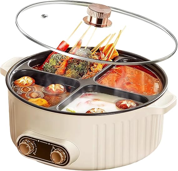 Electric Hot Pot Cooker, 4 Compartment Divider Pot, 6.3QT | 1800W Fast Heating, Nonstick Divider Pot, Cook 4 Flavors Simultaneously for Family Dining & Entertaining