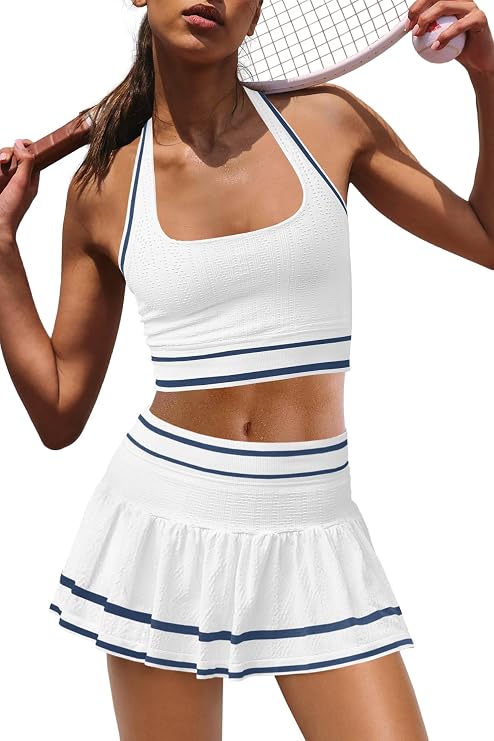 Panadila Women 2 Piece Tennis Skirt Sets Workout Set Sports Bra and Skort | Halter Bra,Golf Skort,Athletic Outfits,Matching Set,Built in Shorts,Golf Outfits,Pickleball,Gym,Supportive,Summer Set