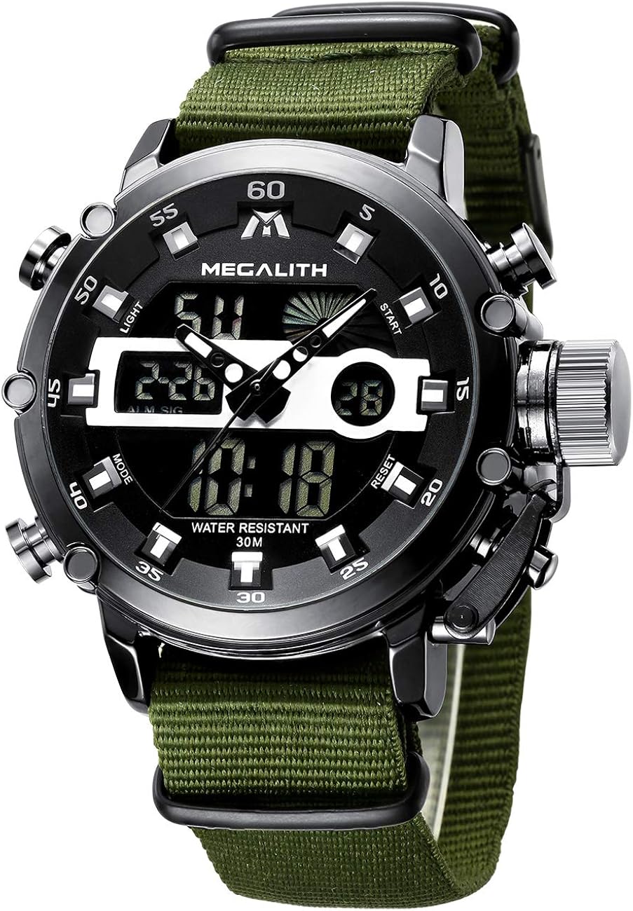 MEGALITH Mens Watches Waterproof Digital Military Sport Tactical Multifunction Heavy Duty Led Digial Watch for Men, Alarm Stopwatch, NylonLeather Strap