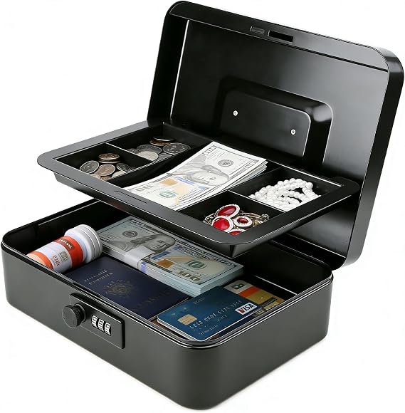 Decaller Large Cash Box with Combination Lock, Metal Money Box with Removable Tray, 9.84" x 7.87" x 3.54", Black