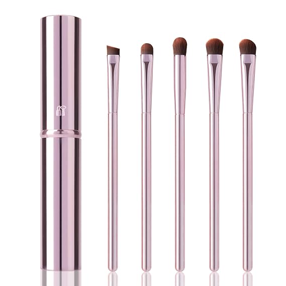5Pcs Eye Makeup Brush Set, Portable Eyeshadow Brushes for Travel Pink Case. | Round, Shading, shadow, eyeliner, concealer, smudge, angled eyebrow brush, travel makeup artist for beginner and holiday gift