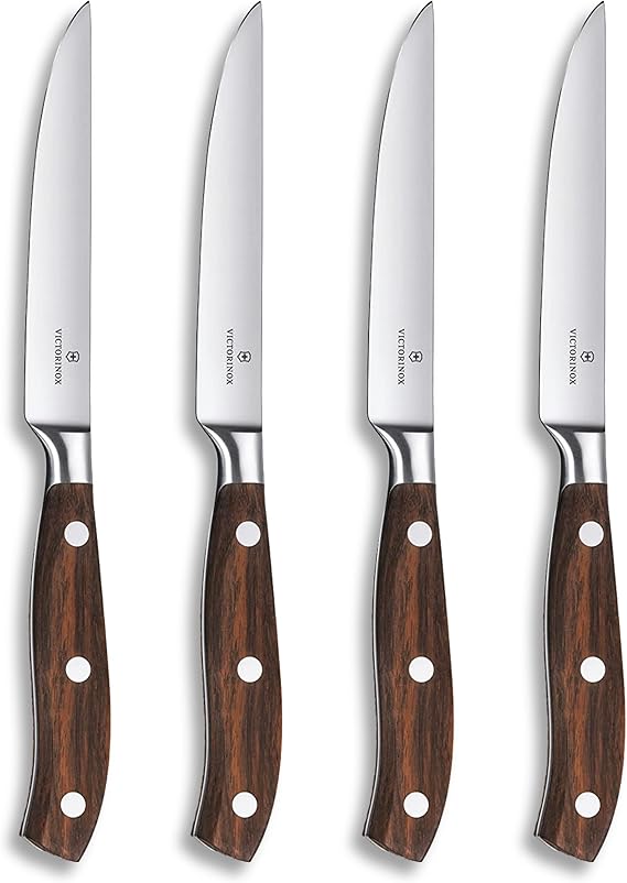 Victorinox Grand Maitre Steak Knife Set Ideal for Slicing a Wide Variety of Steak Cuts Straight Blade in Rosewood, Set of 4