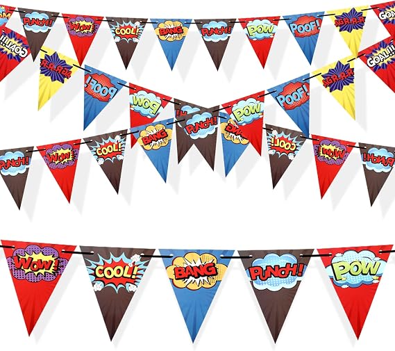 4 Pcs Hero Birthday Party Banner Decorations Hero Paper Pennant Banner Garland Decor for Kids Boys Birthday Party Supplies Baby Shower Wall Decoration