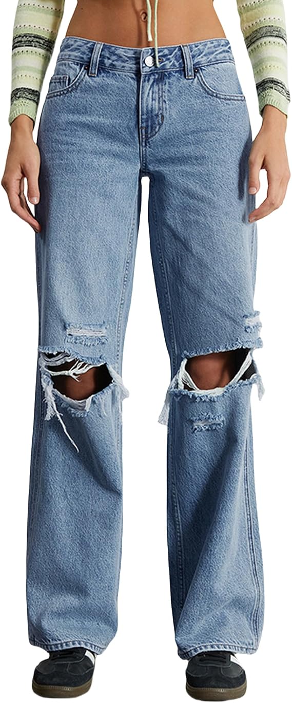Womens Mid Waisted Wide Leg Jeans Distressed Baggy Boyfriend Denim Pants.