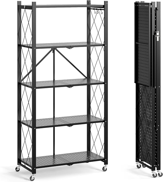 Fenbeli Foldable Shelf 5 Tier, No Assembly Collapsible Storage Shelves with Wheels & Hooks, Heavy Duty Metal Folding Rack, Portable Rolling Organizer for Kitchen Pantry Garage Small Spaces