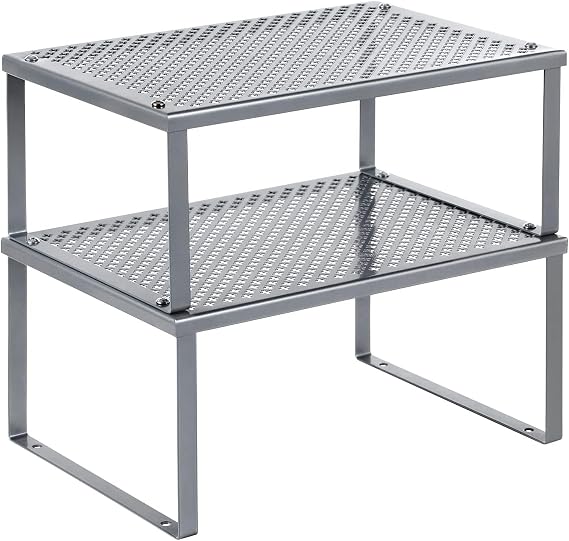 SONGMICS Set of 2 Metal Spice Racks, Stackable Expandable Shelf Risers | Steel Cabinet Shelf Organizers, Countertop Organizers, Gray UKCS01SV