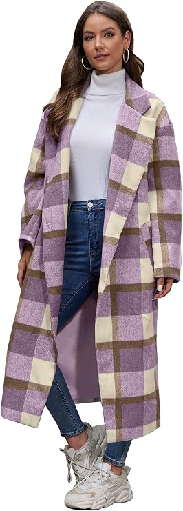 Women's Oversized Plaid Lapel Collar Wool Coat | Double Breasted, Casual Loose Winter Long Pea Coat with Pockets, Calf Length Long Plaid Wool Coat