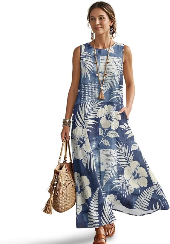 Women's Summer Maxi Dress Imitation Linen Sleeveless Crewneck Dresses Casual Vacation Long Dress with Pocket S-4XL