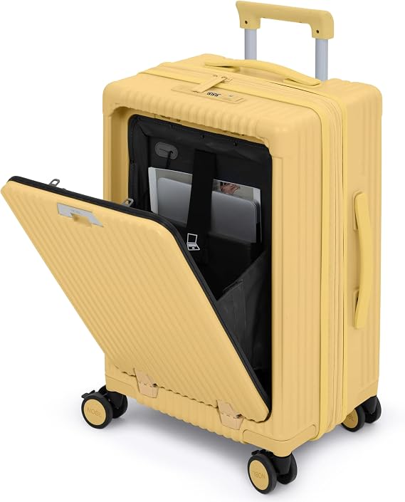 NOBL Travel Carry On Expandable Luggage, Noble Aluminum Frame PC Hard Shell Suitcase, 22.5x14.2x9.8 Airline Approved, 360 Spinner Wheels, TSA Lock, USB Charging, Cup & Phone Holder - Butter Yellow