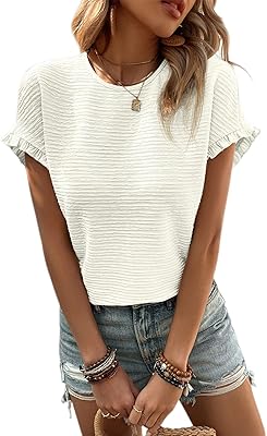 Halfword Womens Summer Tops Crewneck Textured Ruffle Short Sleeve T Shirts Casual Work Blouses