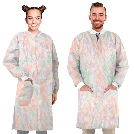 AMZ Medical Supply Disposable Lab Coats for Adults, Small Multicolor 50 GSM SMS Knee-Length Coat, Knit Collar and Cuffs, Snap Closure, 3 Pockets, Pack of 100