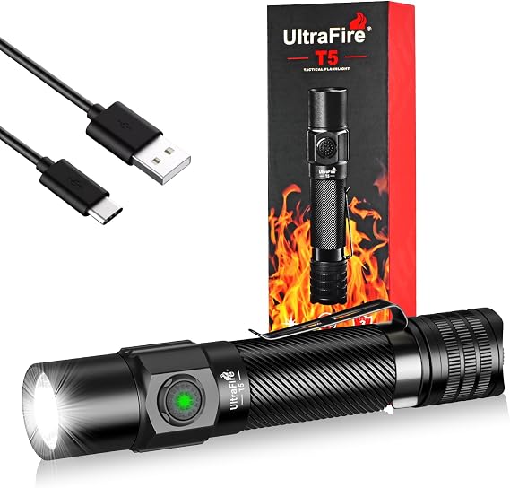 ULTRAFIRE Rechargeable Tactical Flashlight, 1800 High Lumens LED Police Flashlight with Dual Switch, Super Bright Compact EDC Pocket Flashlight for Outdoor Camping and Home Emergency, T5
