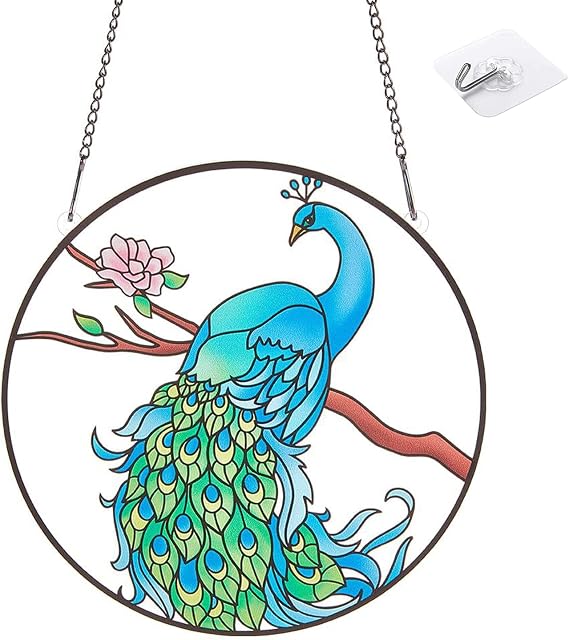 Peacock Window Hanging Decor, Acrylic Stained Glass Sun Catcher, Indoor/Outdoor Use