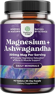 Pure Calm Relaxing Magnesium Glycinate Supplement with Ashwagandha - Magnesium for Stress Support & Rest Ease for Adults - High Absorption Tablets for Bone Support & Muscle Cramps - 90 Count