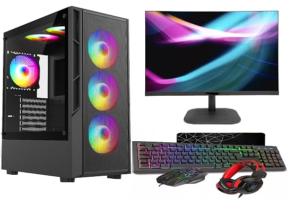 ASC Gaming PC Bundle: AMD Ryzen 5 5500, 16GB RAM, 1TB+256GB SSD, GT730 2GB Graphics, 22" Monitor, Windows 11, Black RGB 6 Fan Mesh Gaming Case