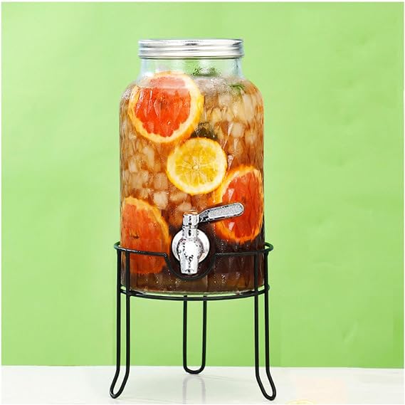 Glass Jar Beverage Dispenser,Glass Beverage Dispenser with Stainless Steel Spigot Glass Drink Dispenser with Stand for BBQ,Picnic,Pool Party and Social Events,Stainless Steel Faucet,5.5L