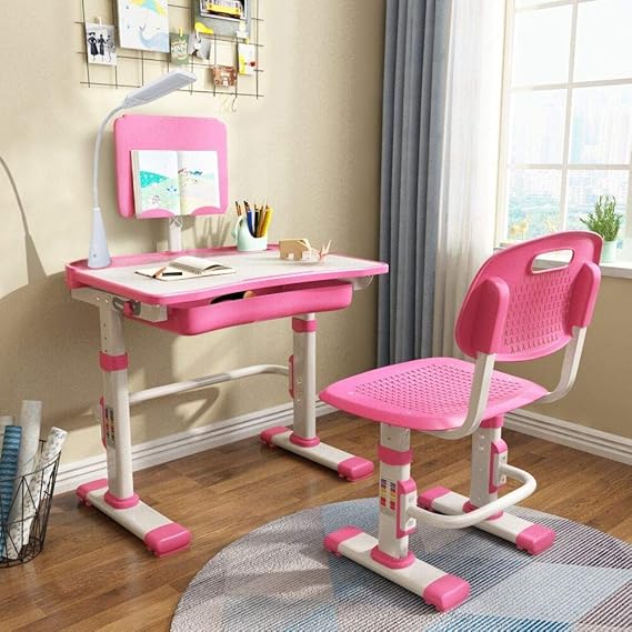 LVYUAN Kids Desk and Chair Set, Height-Adjustable, Included LED lamp, Pink | For ages 3-15, desktop tilts from 0 to 60 degrees, pull-out drawer, included LED lamp with 3 brightness levels