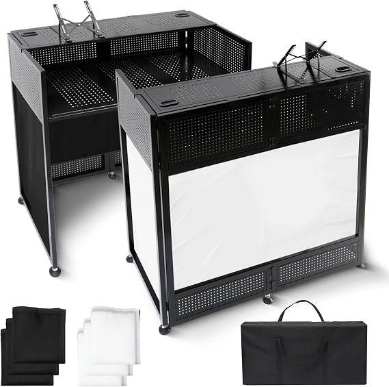 Portable DJ Booth Table, 41"L x 20"W DJ Table Stand Portable Booth Double Deck, Adjustable DJ Facade Station with White & Black Scrim, Foldable Metal Frame DJ Booth Panel for Parties, Wedding, Bars