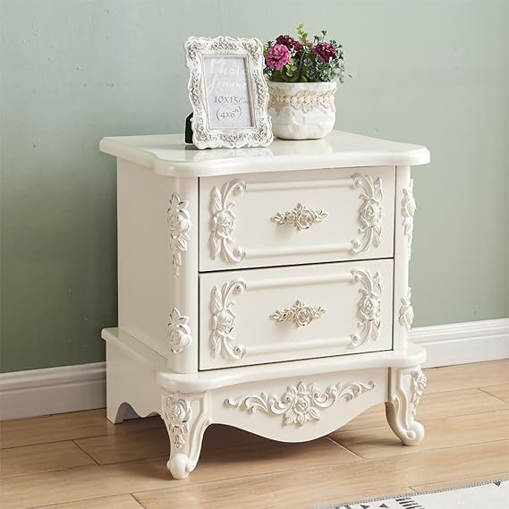 French Country Nightstand with 2 Drawers, Wooden Vintage Bedside Table, European Provincial Furniture with Carved Flower Motif, Accent End Table (Silver, 18x16x19in/45x40x48cm, Wood)