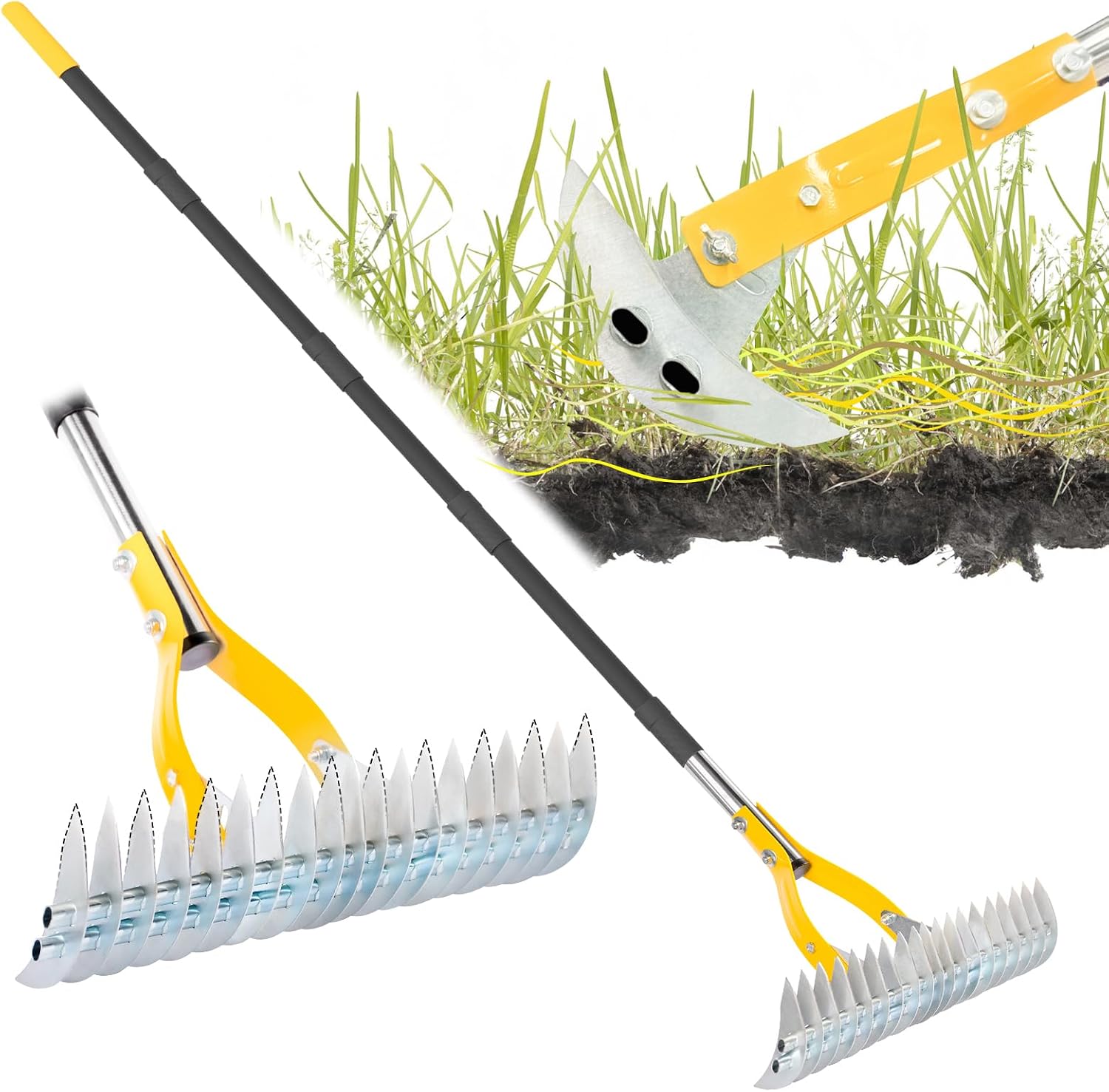 Thatch Rake for Lawn, 38cm Adjustable Head Weed Tool, Dethatcher Rake to Cleaning Dead Grass with 188cm Adjustable Handle, Steel Metal Thatching Rake for Grass, Garden, Yard