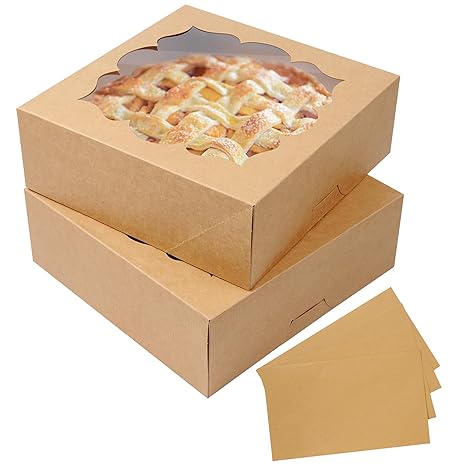 20 Pack 9x9x3 Pie Boxes with Stickers for Small Baking Shops. | The window and sticker help staff check names and pies quickly, without opening boxes during a busy pickup.