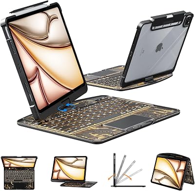 KARTICE Transparent Case with Wireless Keyboard for iPad 10.2 Inch 7th8th9th Gen, 7 Colors Backlight, Multi-Touch Trackpad, 360 Rotating Stand Case with Pencil Holder for 10.2 iPad