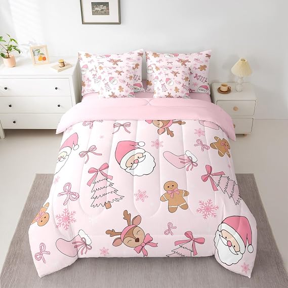 Pink Christmas 7 Piece Bedding Set Full Size Merry Christmas Snowman Bed in a Bag for Boys Girls Bedroom Decor Santa Claus Comforter Set with Sheets,Pillowcases & Cushion Cover Soft Xmas Tree Deer