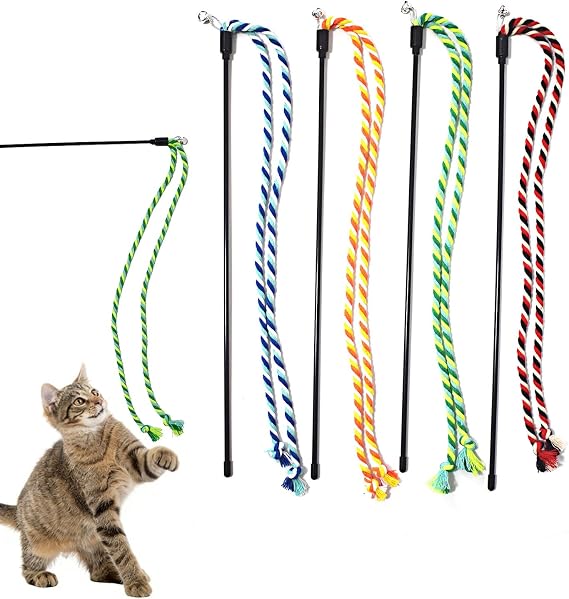 IUHKBH Cat Wands, 4 PCS Colorful Rope Cat Toys Flexible Teaser Wands Interactive Kitten String Wands, Safe Kitty Toys for Indoor