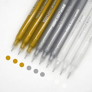 Gel Pens with Fine Point 0.6mm, 9 Colors Drawing Pencils for Adult Coloring Books Smooth Writing Pen Set for Journaling(Gold Silver White)