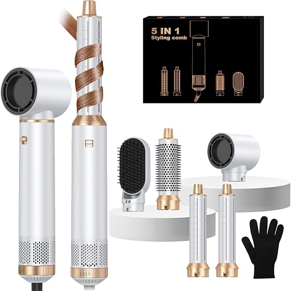 Hair Dryer Brush 5 in 1, Blow Dryer Brush Set with Air Curler Wrap Hair Styler, Negative Ionic Blow Dry Brush, Detachable Hair Tool for Curling, Volumizer,Straightener,Drying