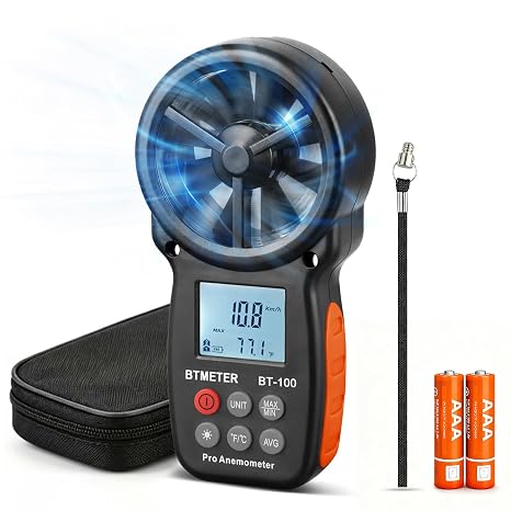 BTMETER BT-100 Digital Anemometer Handheld, Anemomters Wind Speed Meter for Measuring Wind Speed, Temperature and Wind Chill with Backlight and Max/Min/AVG for HVAC Shooting Drone