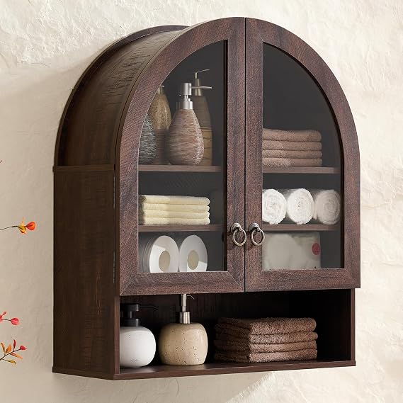 IFGET 23.6'' W Bathroom Arched Wall Cabinet, Adjustable Shelf, Dark Walnut