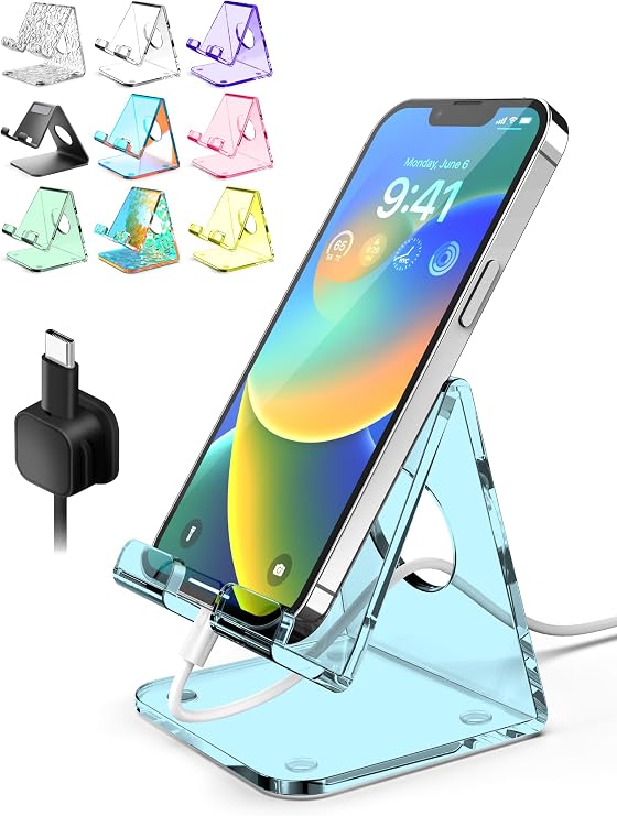 Acrylic Cell Phone Stand, Clear Phone Holder for Office Desk, Vanity, Kitchen Counter, Bedside Table, Compatible with iPhone 17 16 15 14 13 12 11 Pro Max Plus, Smartphones, iPad, Switch, Kindle