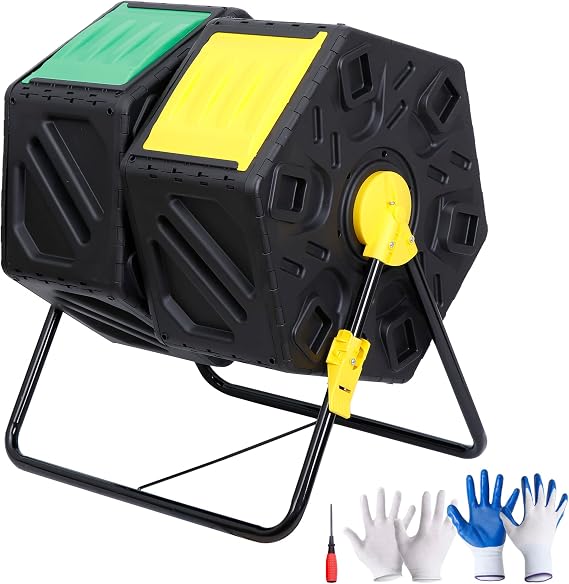 JupiterForce Dual Chamber Composting Bins, Rotating Tumbling Compost Tumbler with 2 Sliding Doors for Outdoor Gardens, All Season, Yards Waste, Black (37 Gallon)...