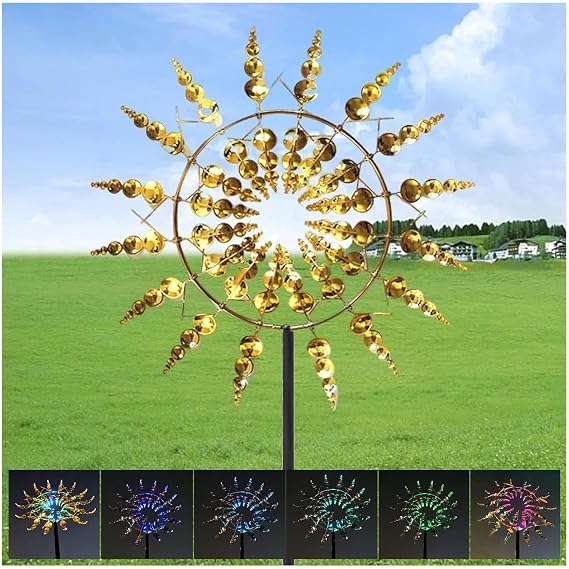 Solar Magic Windmill, Wind Sculpture 3D Wind Spinner, 13.4 x 71in Solar Wind Spinners,Gold