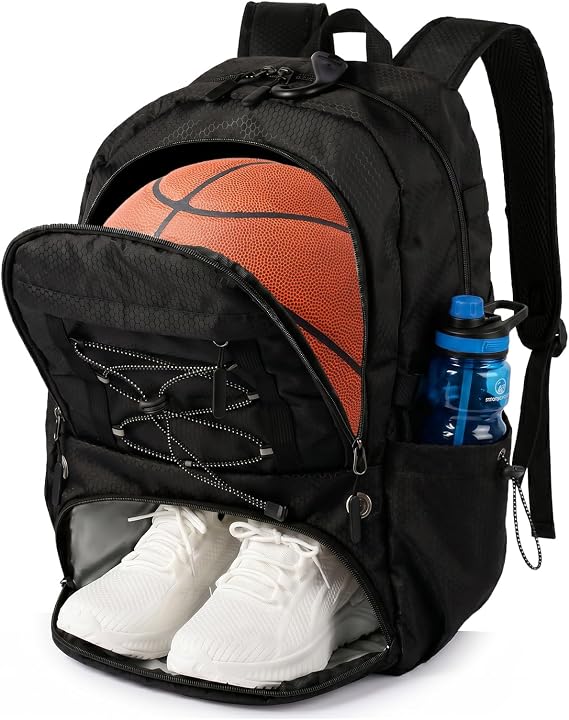 Basketball Bag Backpack with Separate Shoes Compartment & Ball Holder, Large Multi Functional Sports Bag Basketball Accessories fit Soccer Tennis Gym Black