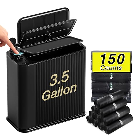 Bathroom Trash Can with Lid 13 Liter/ 3.5 Gallon Black Trash Can with Pop-Up Lid Bedroom Trash Can Small Garbage Can with 150 Counts Trash Bags for Small Bathroom Bedroom Office