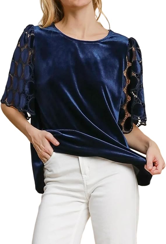Faleave Women's Velvet Top Dotted Lace Sleeves Keyhole Back with Button Closure